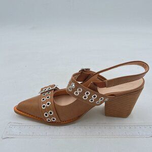 FSJ Tan Block Heel Sandals with Silver Details